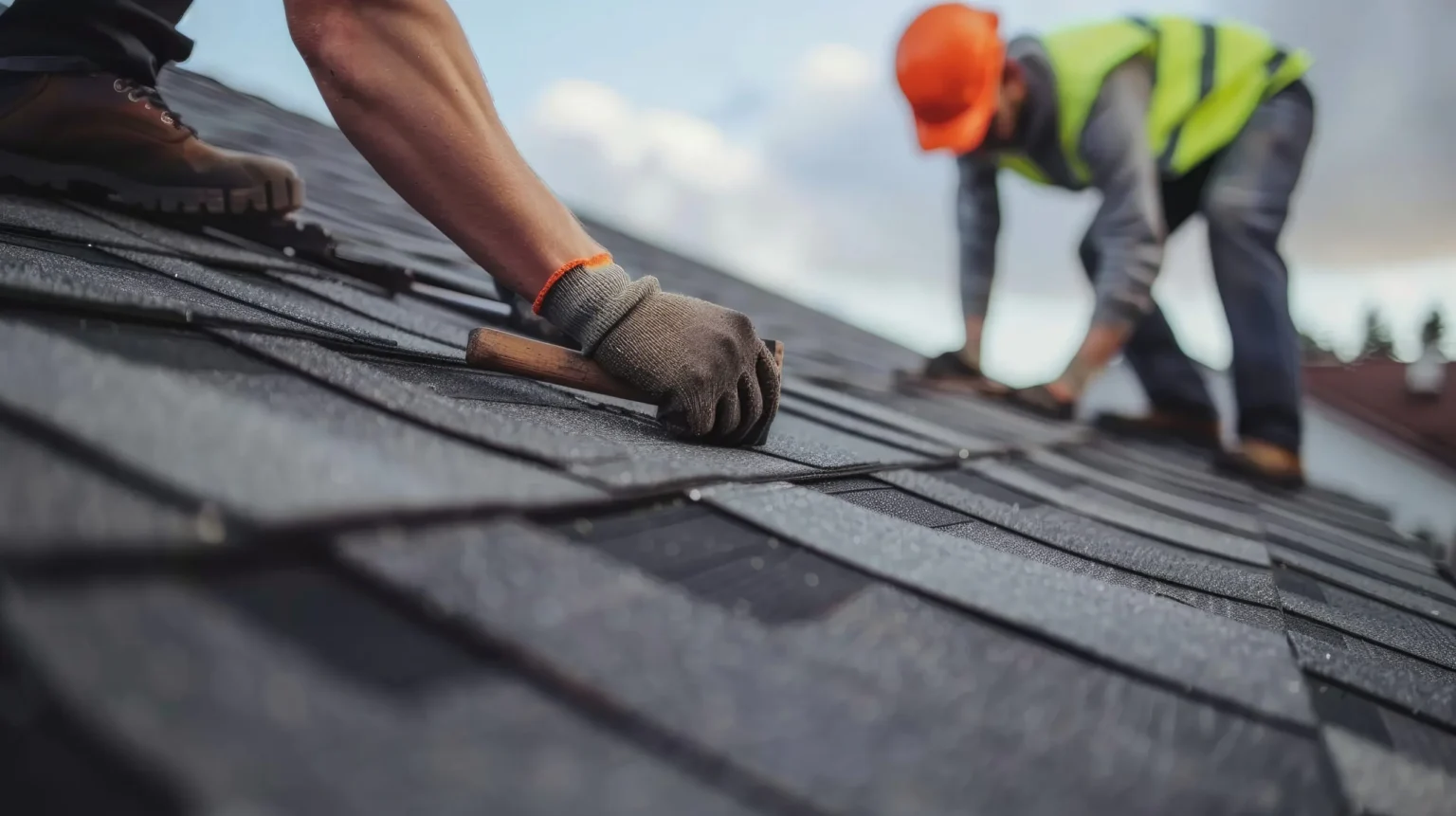 Two roofers in safety gear fastening new asphalt shingles on a residential roof