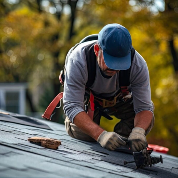 Professional roofer installing high quality asphalt shingles on a residential roof.