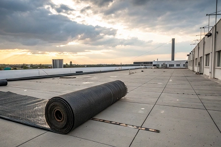 A large commercial flat roof project featuring a professional modified bitumen roofing installation.