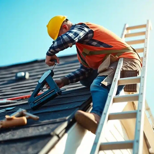 A professional roofing contractor on a ladder performing urgent roof repairs to stop water leaks and restore home integrity after storm damage.