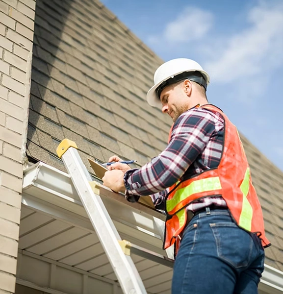 A certified roofing expert with over 29 years of experience standing on a ladder to provide a professional estimate and timely roofing solution.