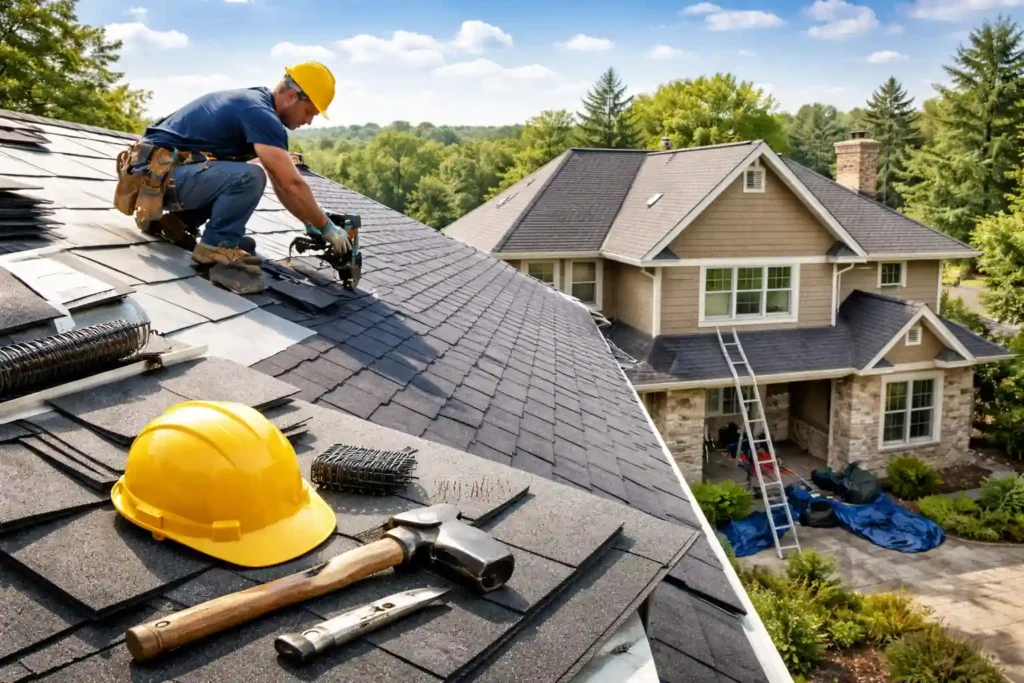 A professional roofing technician working on a residential roof to provide a rapid response for urgent emergencies and storm damage repair.