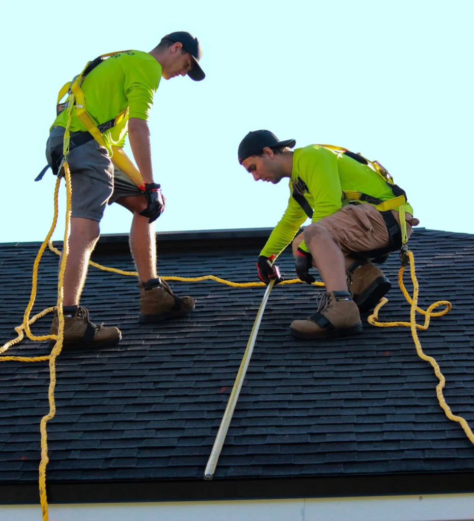 Two professional roofing contractors using safety harnesses and ropes to install a high quality asphalt shingle roof for a residential property.
