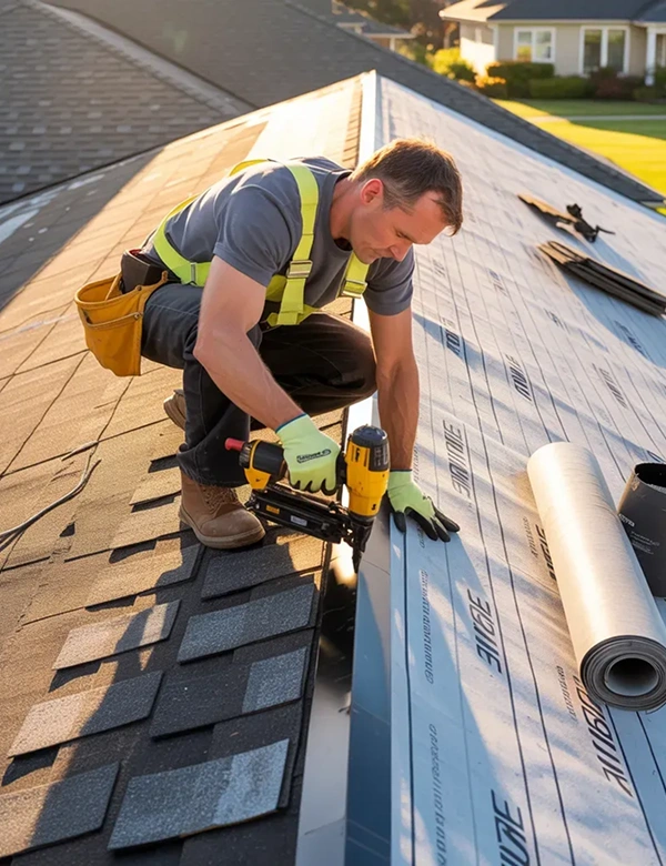 A skilled roofing professional installing high quality asphalt shingles on a residential rooftop.