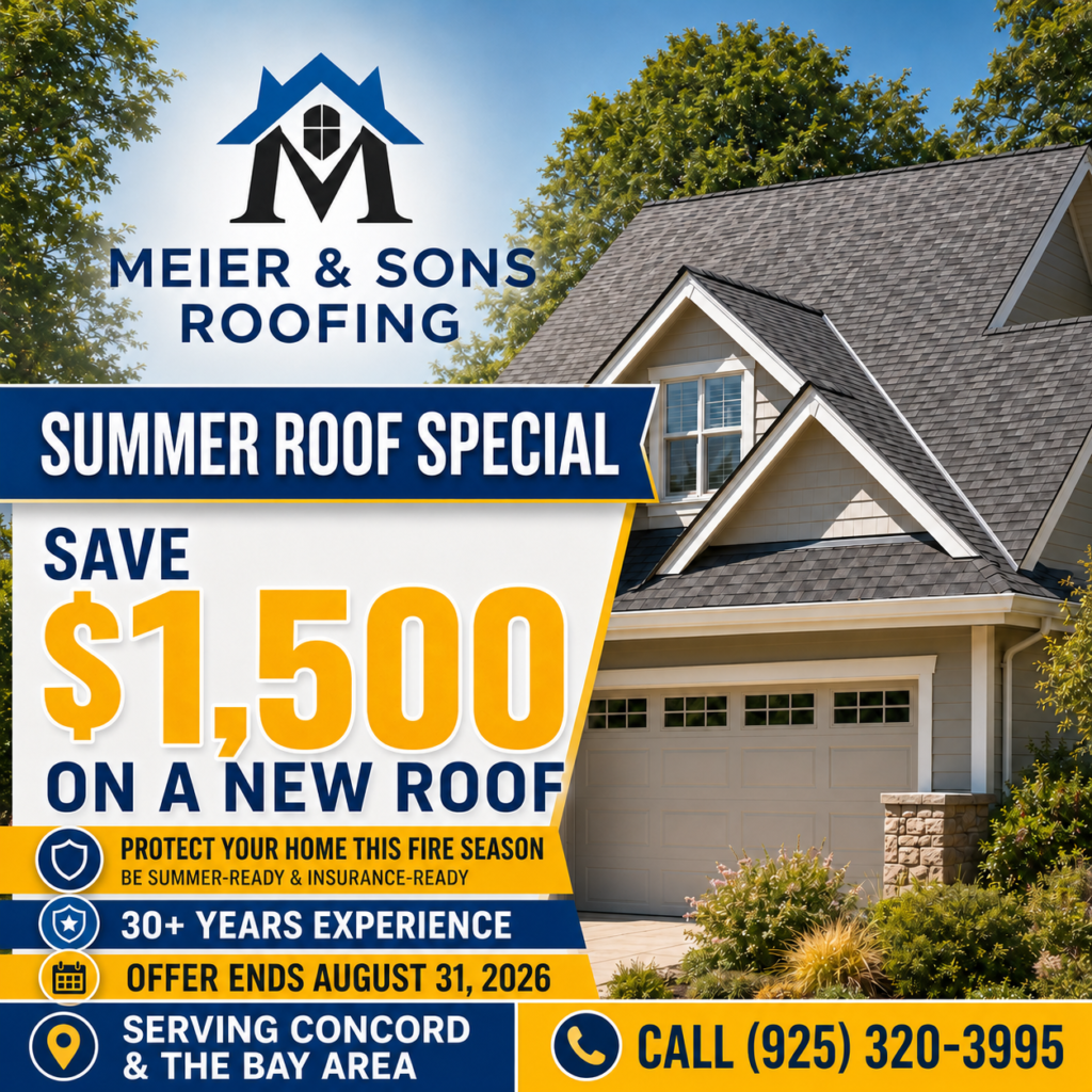 Meier & Sons Roofing summer special offering $1,500 off a new roof in Concord and the Bay Area through August 31, 2026
