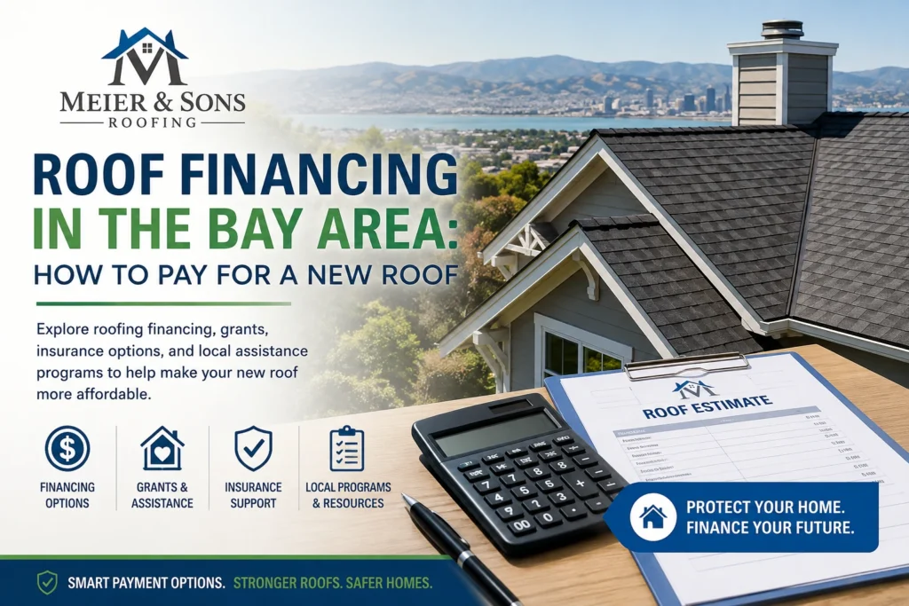 Bay Area home with asphalt shingle roof beside a calculator and roof estimate, illustrating roof financing options