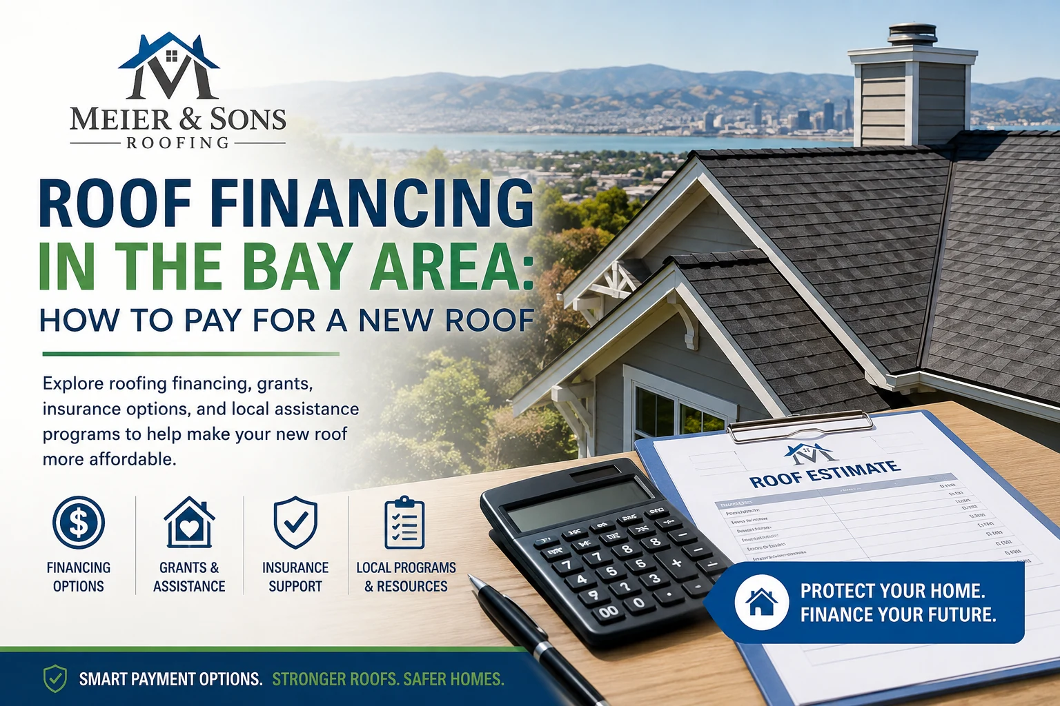 Bay Area home with asphalt shingle roof beside a calculator and roof estimate, illustrating roof financing options