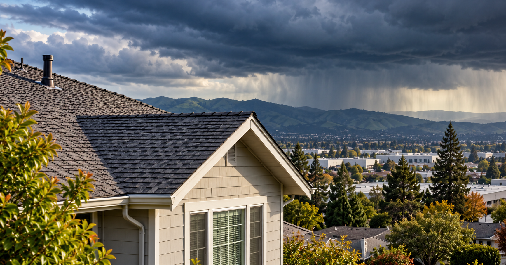 Bay Area asphalt shingle roof with approaching winter rainstorm